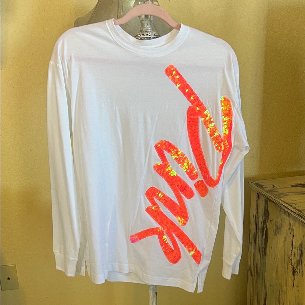 PINK Victoria's Secret White and Neon Orange Long Sleeve Tee